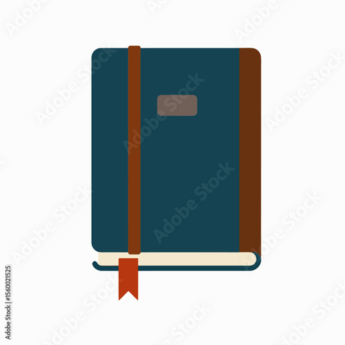 A blue notebook with brown straps and a red bookmark