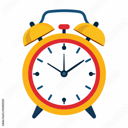 A colorful illustration of a classic alarm clock with yellow and red detailing and a blue handle showing the time as approximately 1010