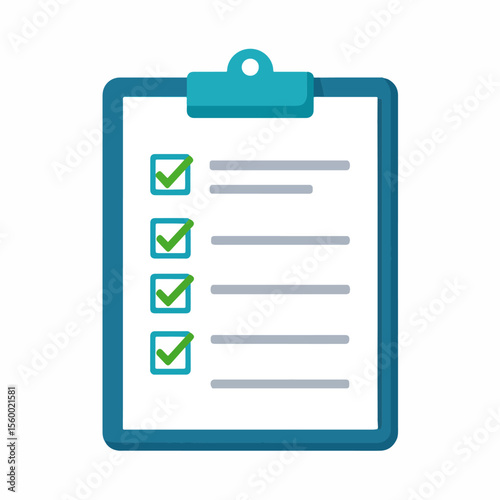 A teal clipboard with four green checkmarks and five gray lines