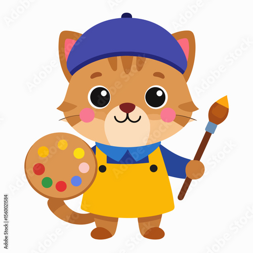 A cartoon cat artist wears a beret  apron holding a paintbrush and palette with colorful paint spots