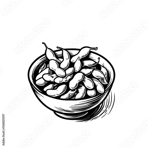 Vintage Ink Drawing of a Bowl Full of Peanuts in Monochrome