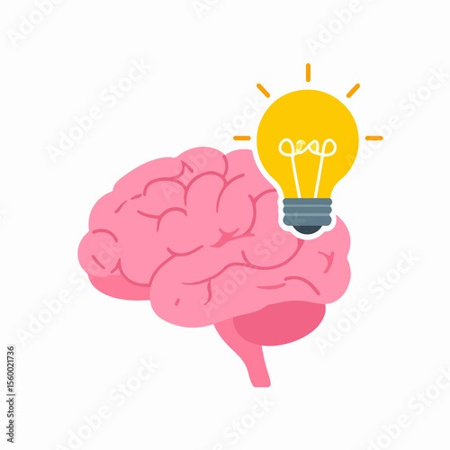 A pink brain with a lit yellow lightbulb