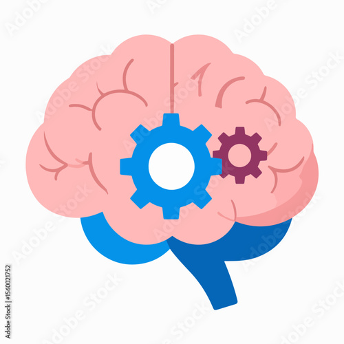 A pink brain with a blue and purple gear suggesting cognitive function and mechanical process