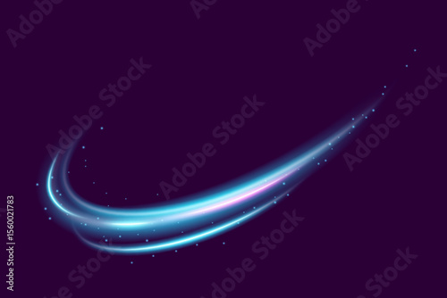 Neon light line effect with glow and speed. Abstract blue wave with magical swirl, trail and sparkle. Futuristic motion flare on dark background. Shiny digital vector shape with electric energy.