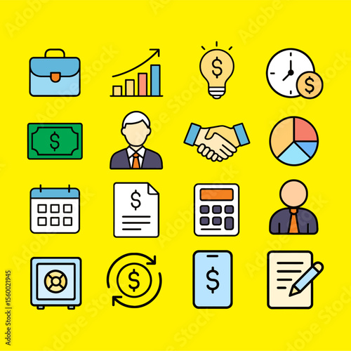 Simple Outline Style Finance and Business Elements on a Yellow Background