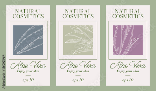 Aloe vera tags template set. Natural cosmetics ingredient. Hand drawn ink sketch silhouette herbal. Ecology concept in beauty industry. Concept of natural cosmetics. Enjoy your skin.