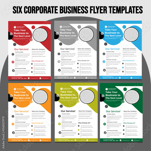 SIX MODERN Corporate Business A4 Flyers TEMPLATES, with DIFFERENT COLOR COOLECTION  AND creative editable geometric vector design templates, Informative modern layouts for promotional  AND purposes