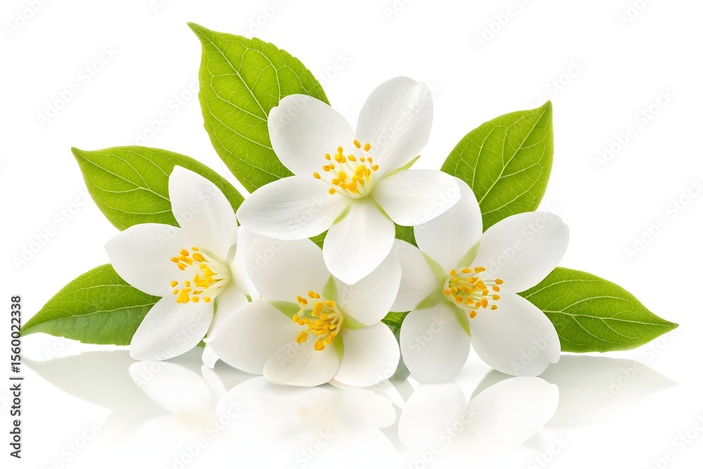 Obraz premium Fresh Jasmine Flowers with Green Leaves on White Background