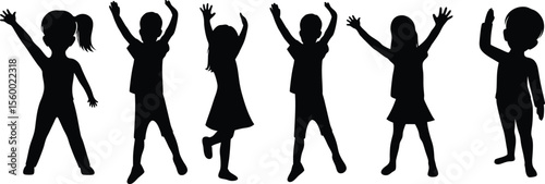 Vector silhouette of happy dancing people raising hands in celebration