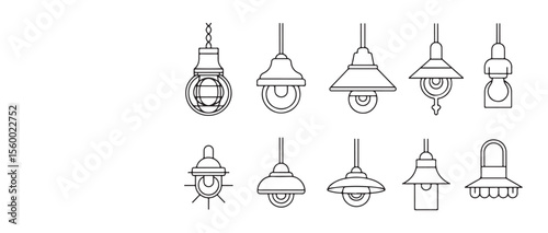 Hanging Industrial Lamp Vector Set - Minimal Line Art Light Fixtures