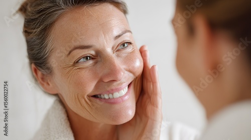 Detailed skin care consultation with middle age client