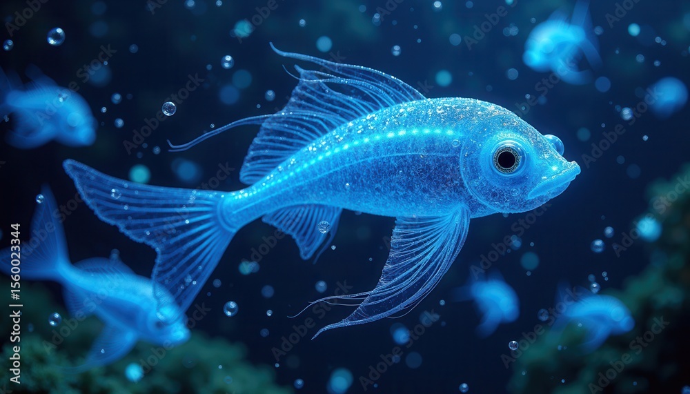 Fototapeta premium Glowing fish swimming in dark ocean depths