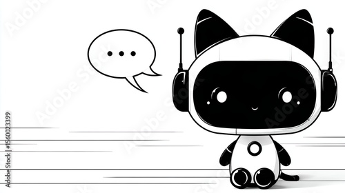 Black and white vector illustration of a cute robot cat wearing a headphones, with a speech bubble above its chest. The illustration is in monochrome black ink, creating a cartoon-like appearance.