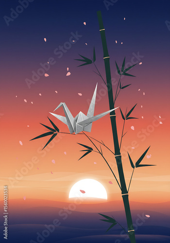  Japanese Paper Crane on Bamboo Branch at Sunrise