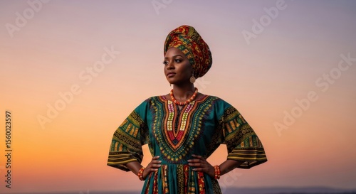 A confident and powerful Black woman wearing a colorful traditional African Dashiki and Gele headwrap, posing with hands on hips against a beautiful sunset.