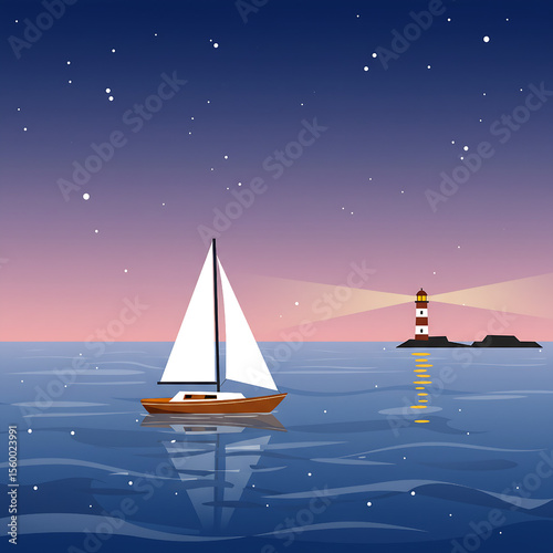  Sailboat Sailing at Night with Lighthouse