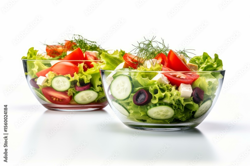 Two glass bowls are filled with a vibrant greek salad, comprising lettuce, tomatoes, cucumbers, olives, and feta cheese, garnished with fresh dill Two glass bowls are filled with a vibrant greek salad, comprising lettuce, tomatoes, cucumbers, olives, and feta cheese, garnished with fresh dill