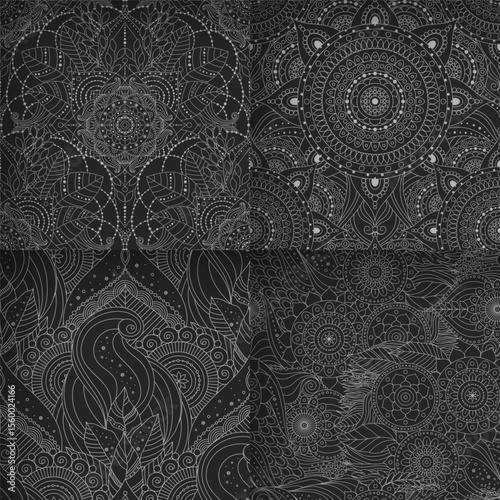 Floral motifs and abstract ornaments in oriental Ethnic seamless patterns set with dark color palette. Floral and abstract ornaments depicting flowers, mandalas, oriental, asian, indian designs.