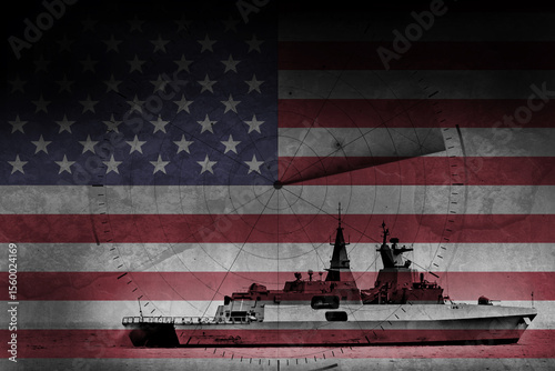 USA Navy Frigate warship with flag and radar overlay