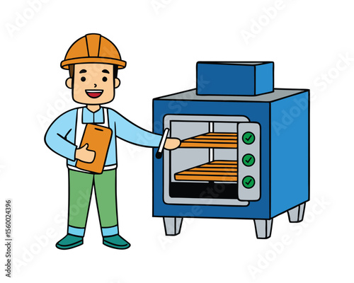 Industrial worker operating commercial oven in food production setting