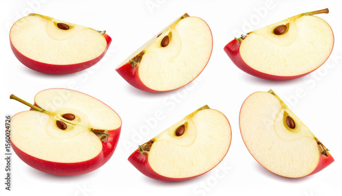 Red juicy apple slice isolated on white background, full depth of field