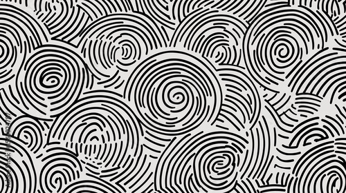 A repeating pattern of black concentric circles and spirals on a white background design art work 100