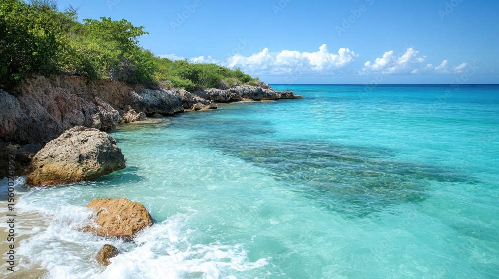 Fototapeta premium Turquoise ocean waves gently lap against a rocky shore with lush green vegetation isolated on white background