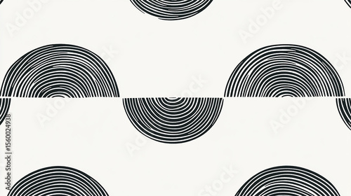 Seamless pattern of black concentric semi circles on a white background in a repeating arrangement