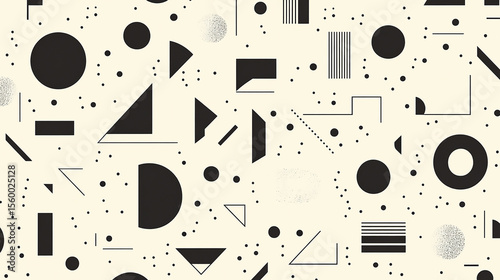 Geometric pattern featuring black circles triangles and lines on a light background design art deco style