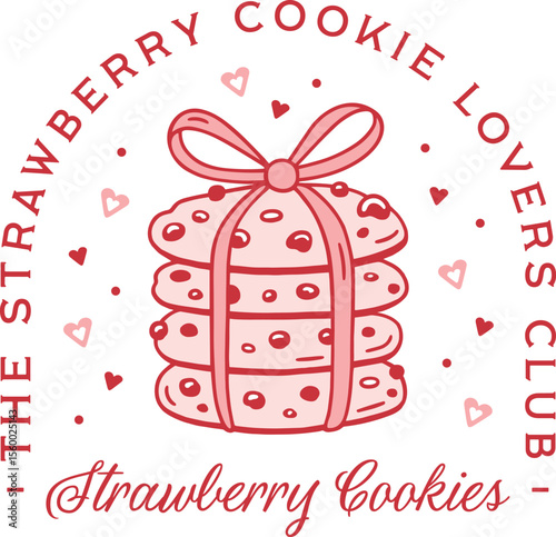 Strawberry cookies lovers club strawberries flavor soft chunky cookie stack with bow ribbon cute pink drawing. Coquette fancy kawaii girly preppy retro aesthetic illustration print girl shirt design.