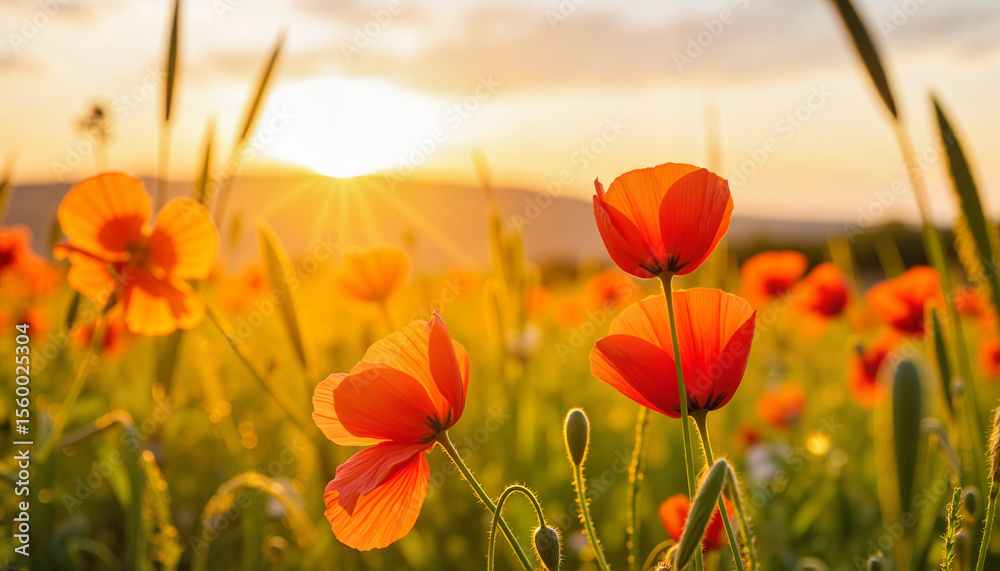 Obraz premium Field of vibrant orange poppies blooming under sunset light 