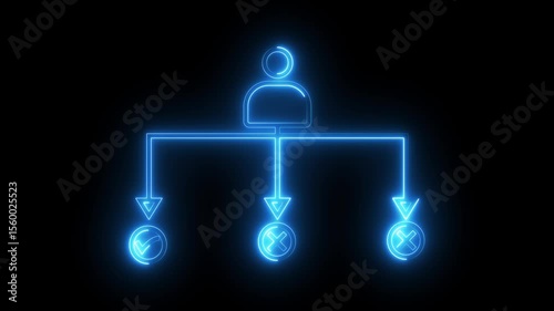 Neon blue decision making icon with user and flow arrows on dark background, data analysis, management choices, AI logic, business intelligence, and automation systems