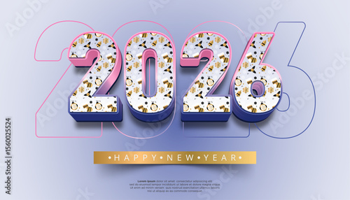 3D volumetric numbers 2026 display festive holiday patterns and the text Happy New Year