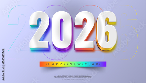 Bold 3D white numbers 2026 with rainbow gradient edges and subtle background rings