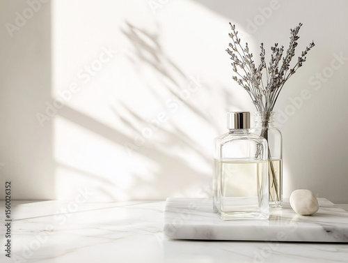 Elegant glass bottles with aromatic oil and dried lavender on marble in sunlight.