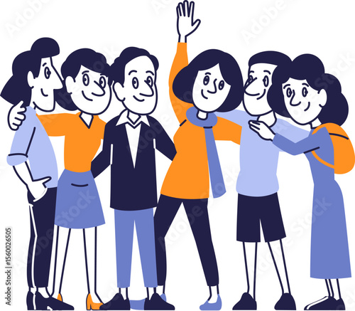 Group of Diverse Cartoon People Standing Together. Vector Illustration of Friendly Multicultural Characters Smiling and Hugging.