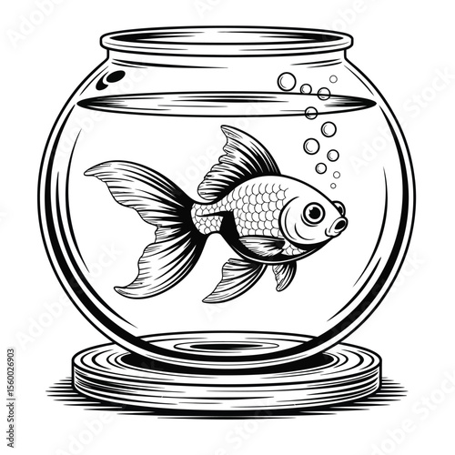 A black and white line art illustration of a goldfish in a fishbowl