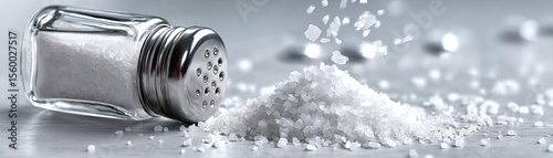 Salt limit concept. A close-up of a salt shaker with grains spilling out.
