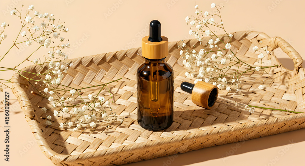 Naklejka premium Amber Glass Dropper Bottle Essential Oil Skincare Beauty Product Natural Organic Wellness