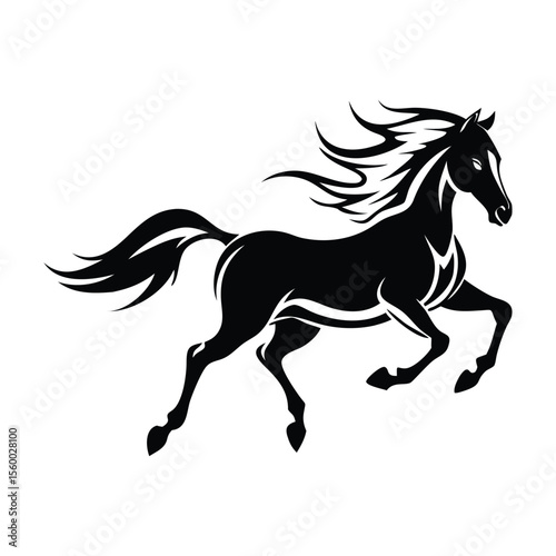 Dynamic black silhouette of a galloping horse with flowing mane and tail, perfect for tattoos, logos, or prints. High-quality vector art for versatile use