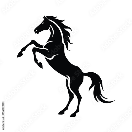Striking black silhouette of a rearing horse with flowing mane and tail, ideal for tattoos, logos, or prints. High-quality vector art for creative projects