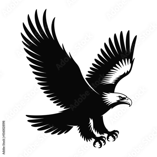 A black and white vector illustration of a soaring eagle