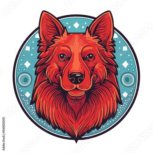 Majestic orange dog head in stylized badge graphic design for animal lovers and pet themes against a teal circle