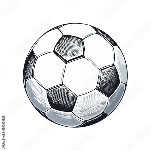 Stylized soccer ball illustration on black backdrop depicting sport equipment for international competitions and recreational games