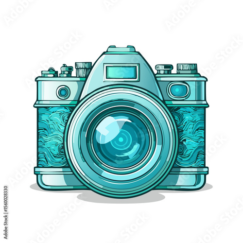 Retro Turquoise Camera Illustration with Lens, Viewfinder, and Controls on a Black Background