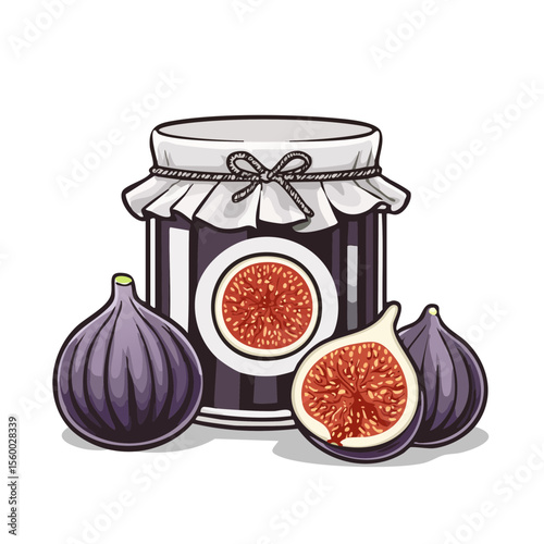 Homemade fig jam jar with whole and halved fresh figs illustration healthy fruit preserve in glass jar with rustic fabric tied on black background