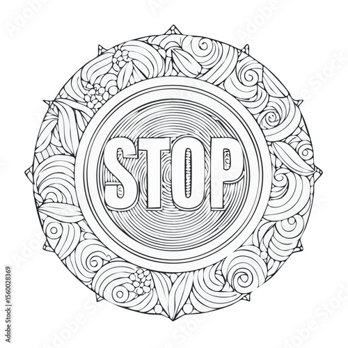 Intricate Mandala Style Stop Sign Coloring Page with Floral Ornament Design