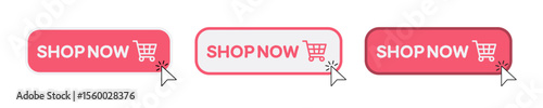 Buy now button with shopping cart. Shop now. Modern collection for web site. Online shopping. Click here, apply, buttons hand pointer clicking. Web design elements. Vector illustration
