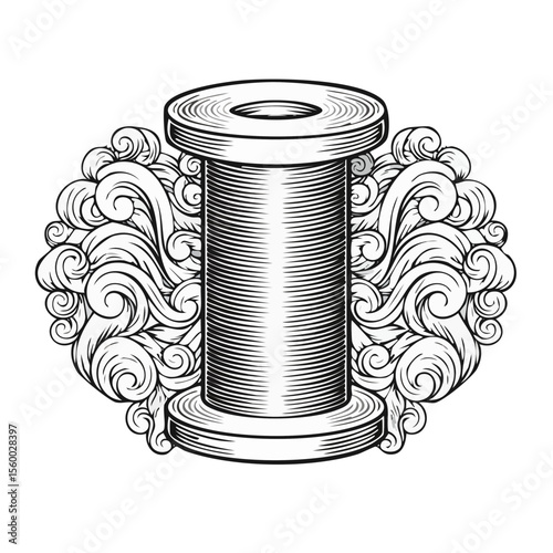 Thread spool with ornate swirls monochrome vector illustration for sewing projects craft designs and artistic expression vintage style textile hobby