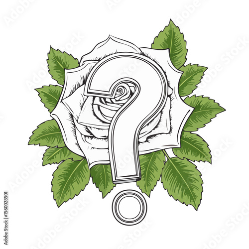 Question Mark in the Middle of a Rose with Leaves Illustration Concept of Mystery or Unknown Isolated on Black Background Floral Design Elements